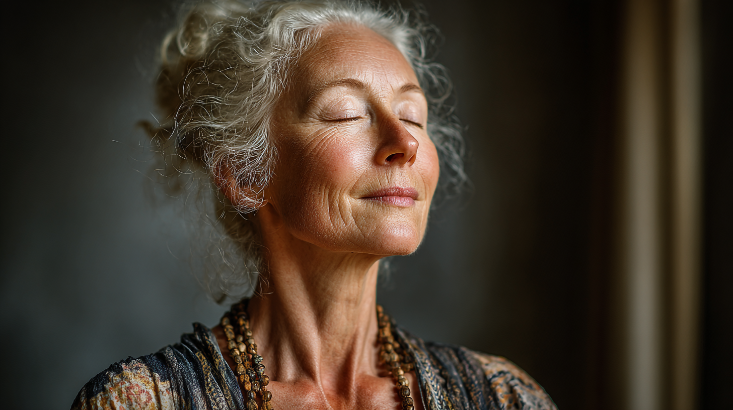 Група възрастни хора практикуват йога в спокойна атмосфера